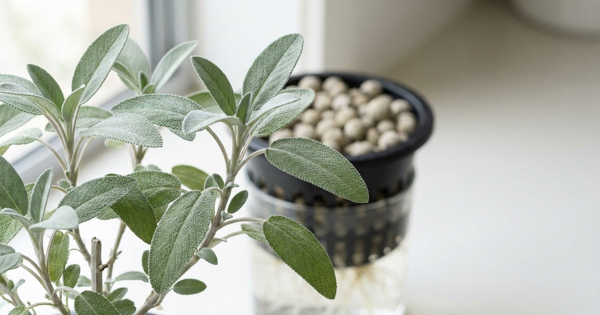 Close-up of hydroponic sage leaves beside a net pot of clay pebbles with white roots in water