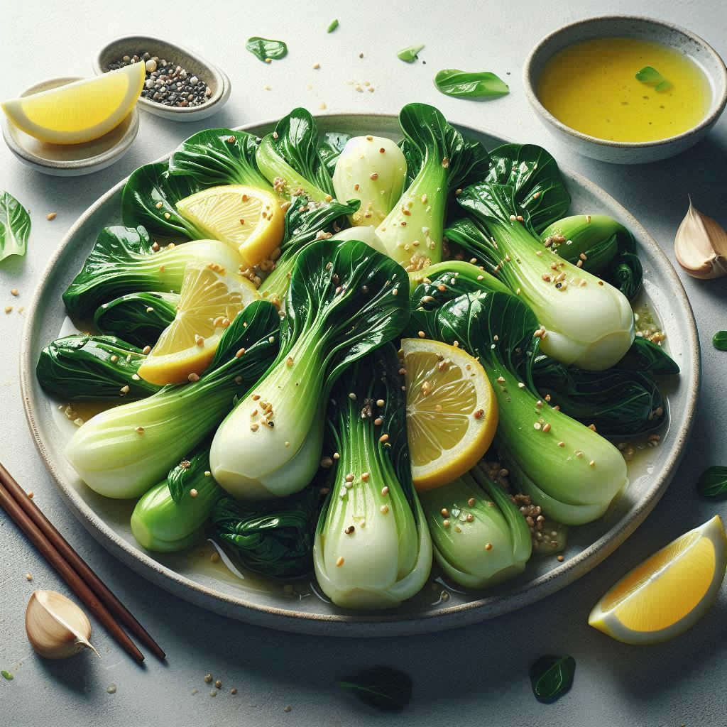 A vibrant Lemon-Garlic Bok Choy Stir-Fry, featuring tender baby bok choy halves sautéed with fragrant minced garlic, drizzled with fresh lemon juice, and topped with toasted sesame seeds.