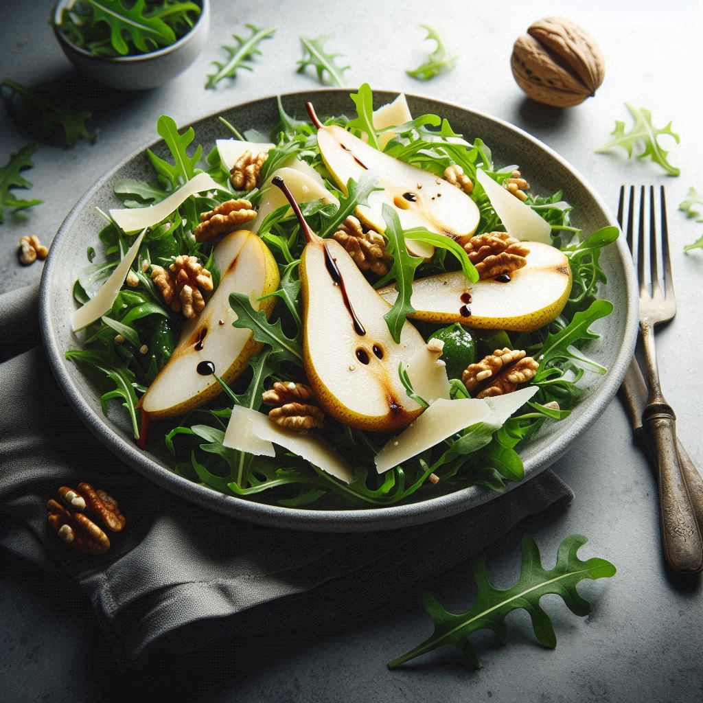 Rocket Pear Salad featuring crisp rocket, sweet pears, crunchy walnuts, and Parmesan, finished with balsamic glaze.