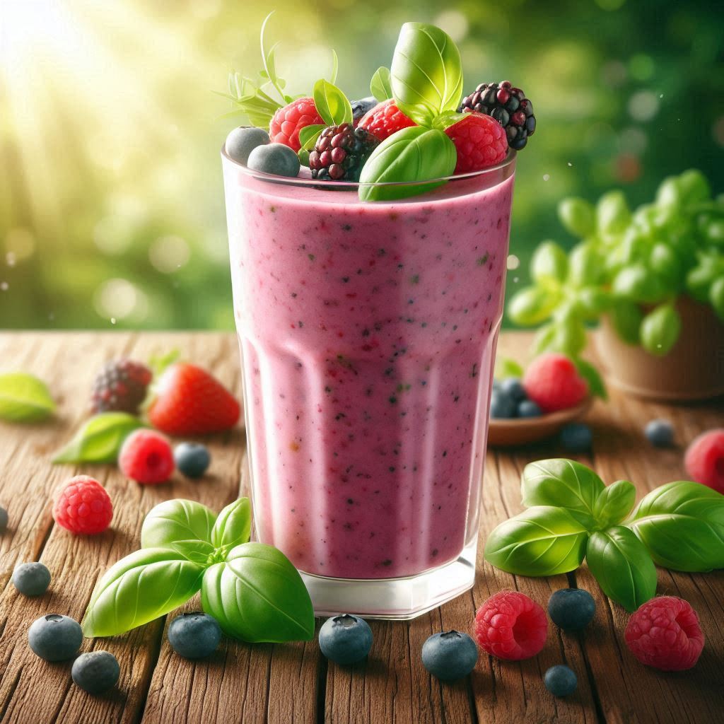 A refreshing basil berry smoothie, blending sweet berries with aromatic basil for a vibrant, nutrient-packed drink.