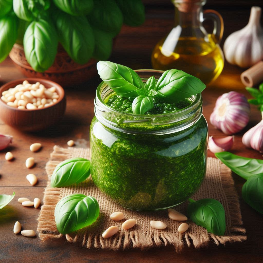 Fresh basil pesto in a glass jar, accompanied by hydroponic basil, pine nuts, and garlic.