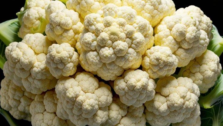 Cauliflower hydroponic plants with dense, white florets and broad green leaves, thriving in a controlled system.