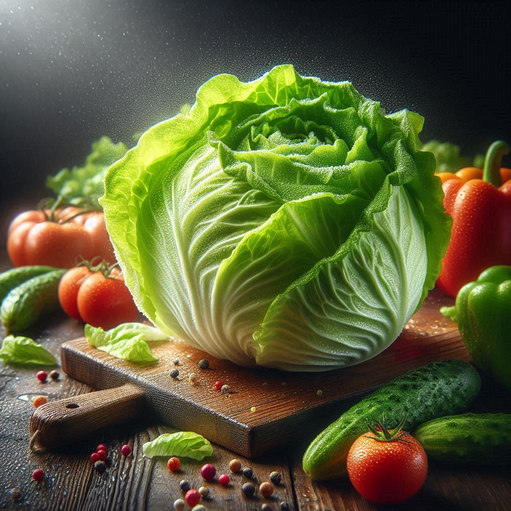 Fresh iceberg lettuce thriving in a hydroponic growing system, surrounded by lush green hydroponic plants. Its vibrant leaves glisten with moisture, reflecting healthy growth in a modern, soil-free cultivation setup designed for sustainability and efficiency.