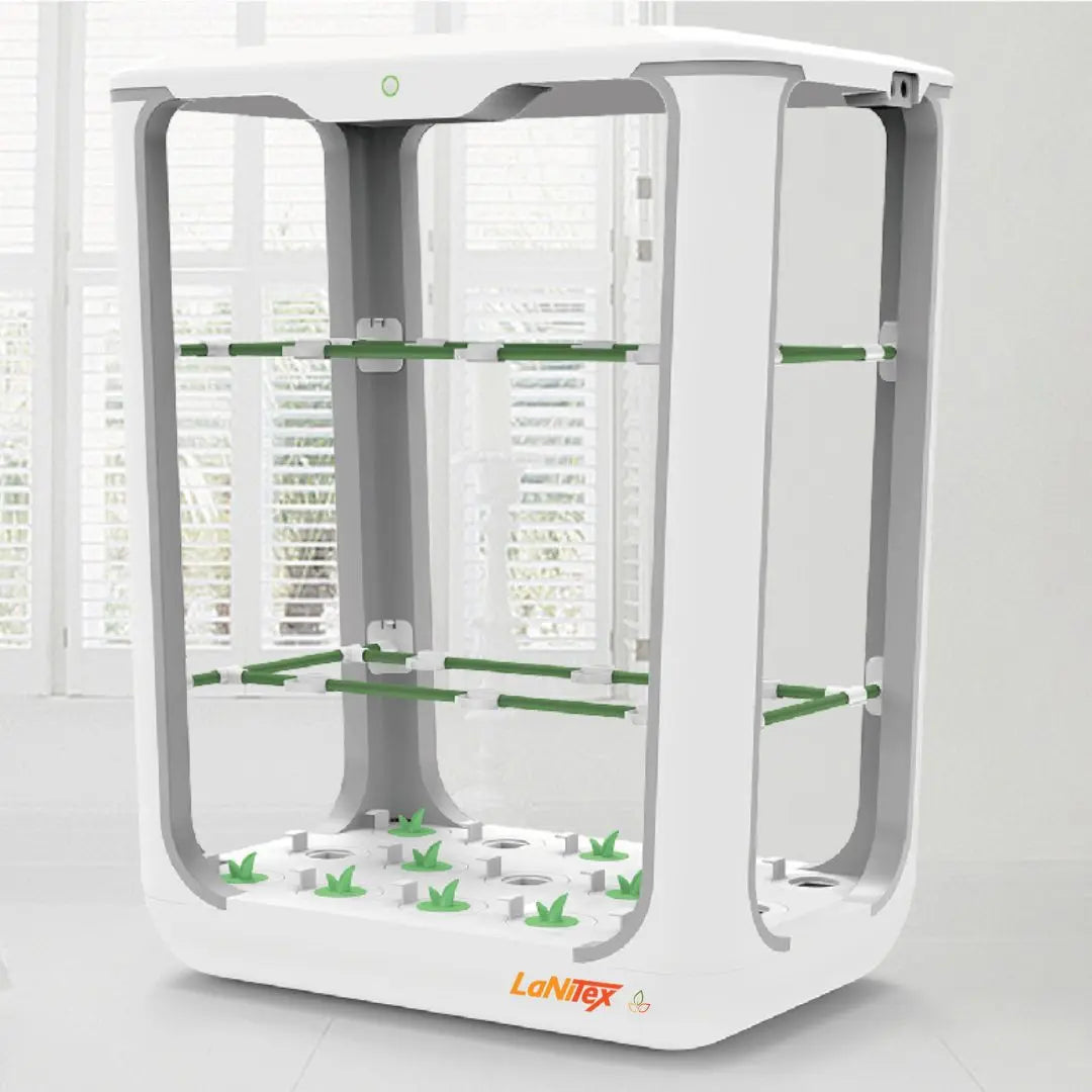Multi-tier hydroponic system using water-based nutrient delivery and LED lighting for optimized indoor plant growth.