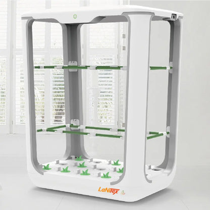 Multi-tier hydroponic system using water-based nutrient delivery and LED lighting for optimized indoor plant growth.