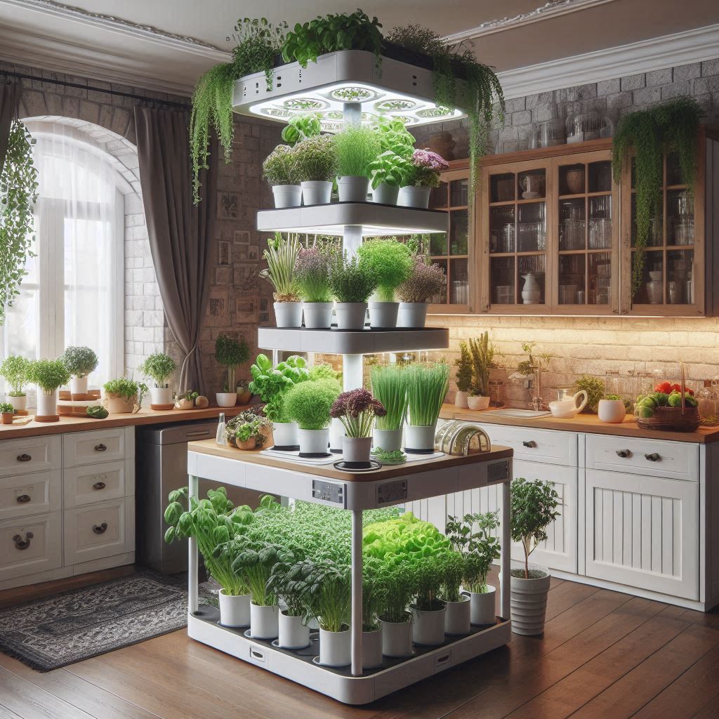Hydroponic plants growing in a vertical indoor garden system, illuminated by grow lights in a modern kitchen setting.