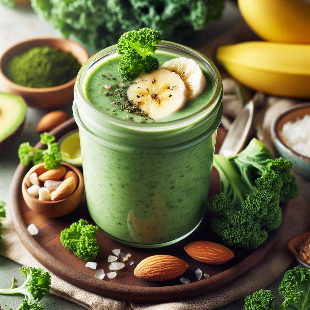 A creamy kale smoothie blended with ripe banana and almond milk for a nutritious boost.