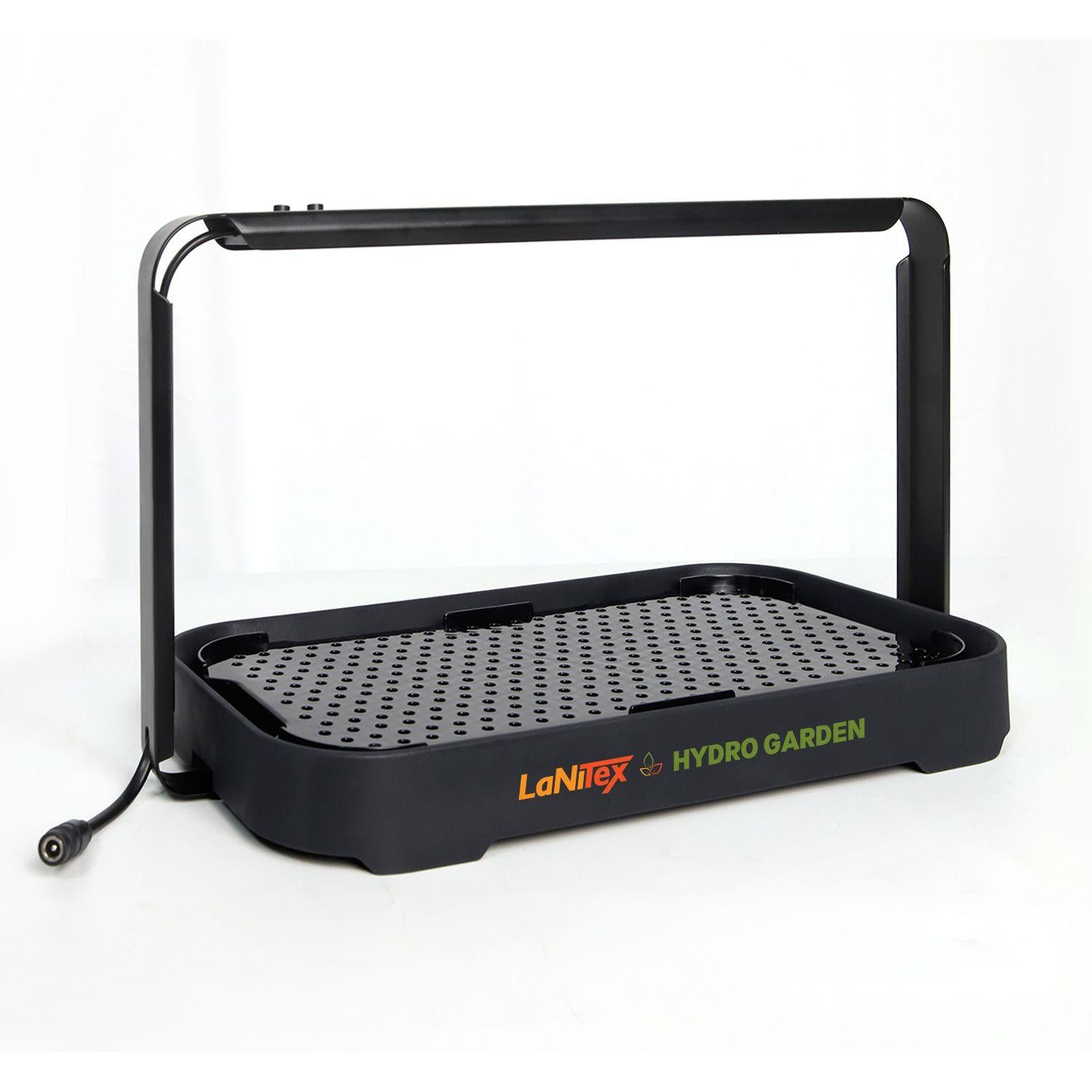 LaNiTex black metal microgreen kit, empty with its seed sprout tray, white background