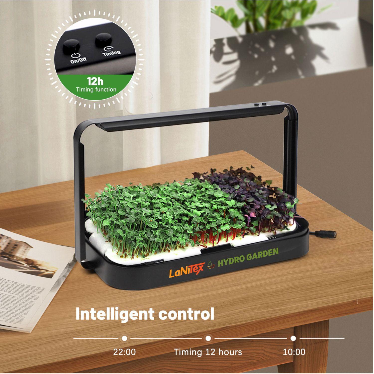 Intelligent 12-hour LED timer on the LaNiTex Smart Microgreen Kit growing microgreens