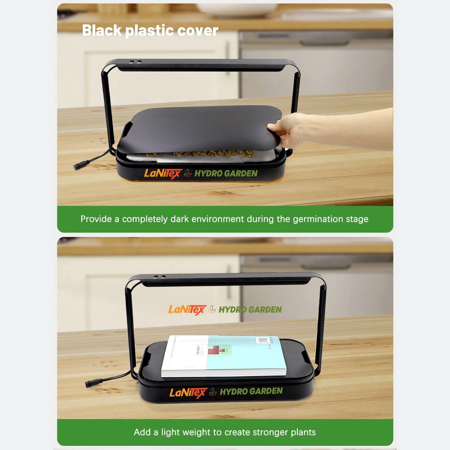 Blackout cover of the LaNiTex microgreen kit for dark germination, plus weighting for stronger sprouts