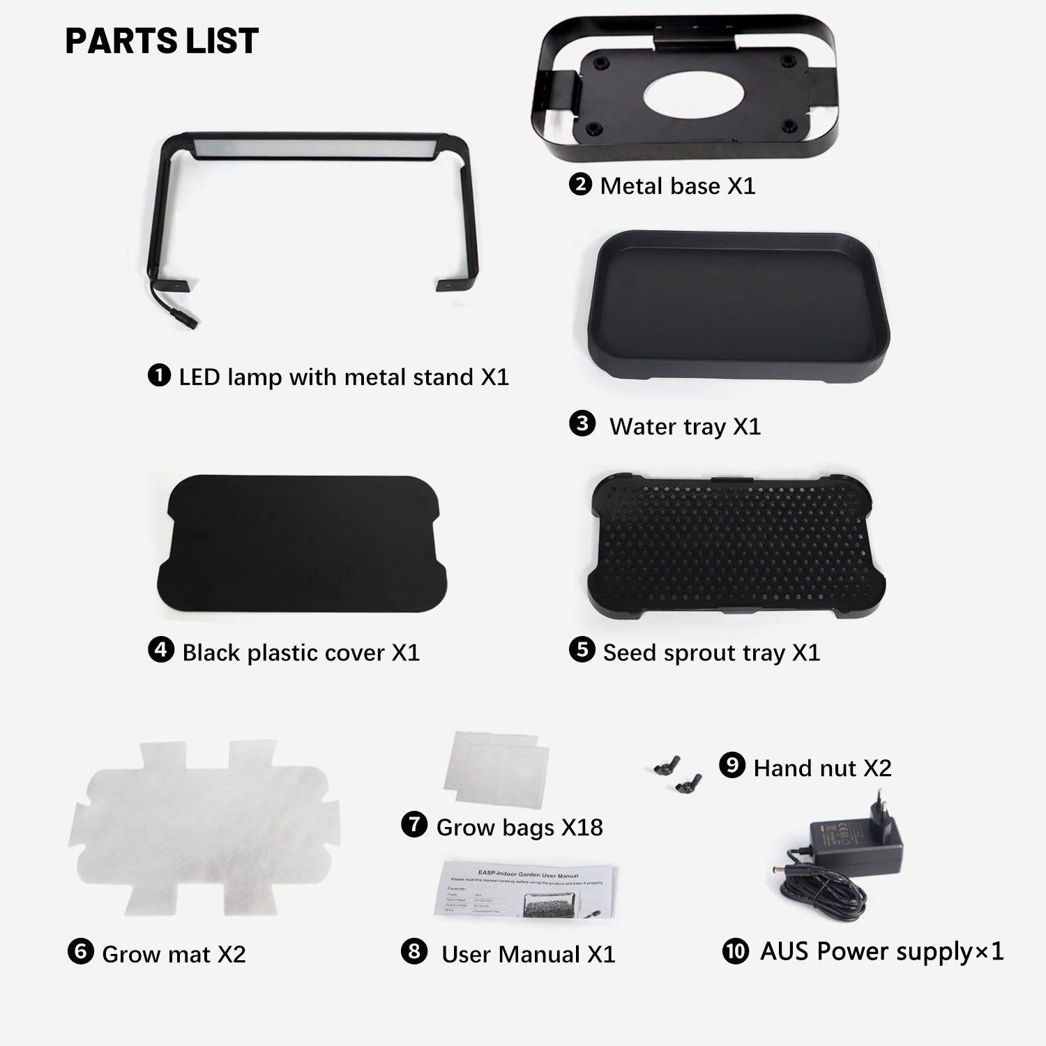 LaNiTex Smart Microgreen Kit parts: LED stand, metal base, water tray, sprout tray, grow mats and power supply
