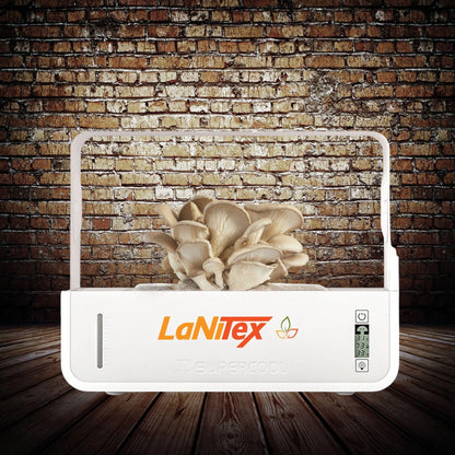 LaNitex indoor garden system with mushrooms on a brick wall background