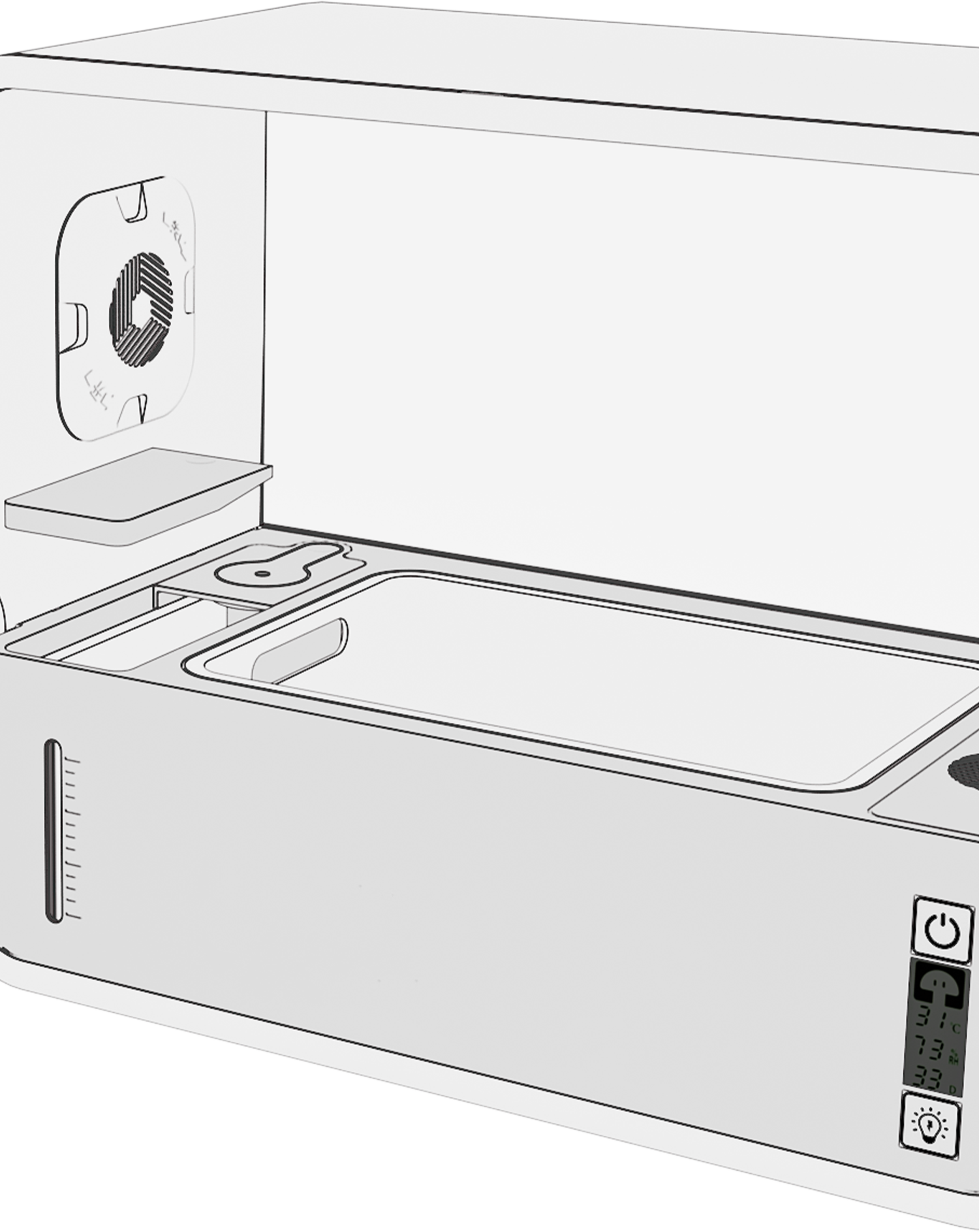 Smart Mushroom Growing Box — technical diagram of the interior: fan and filter, grow tray, water-level window and control panel