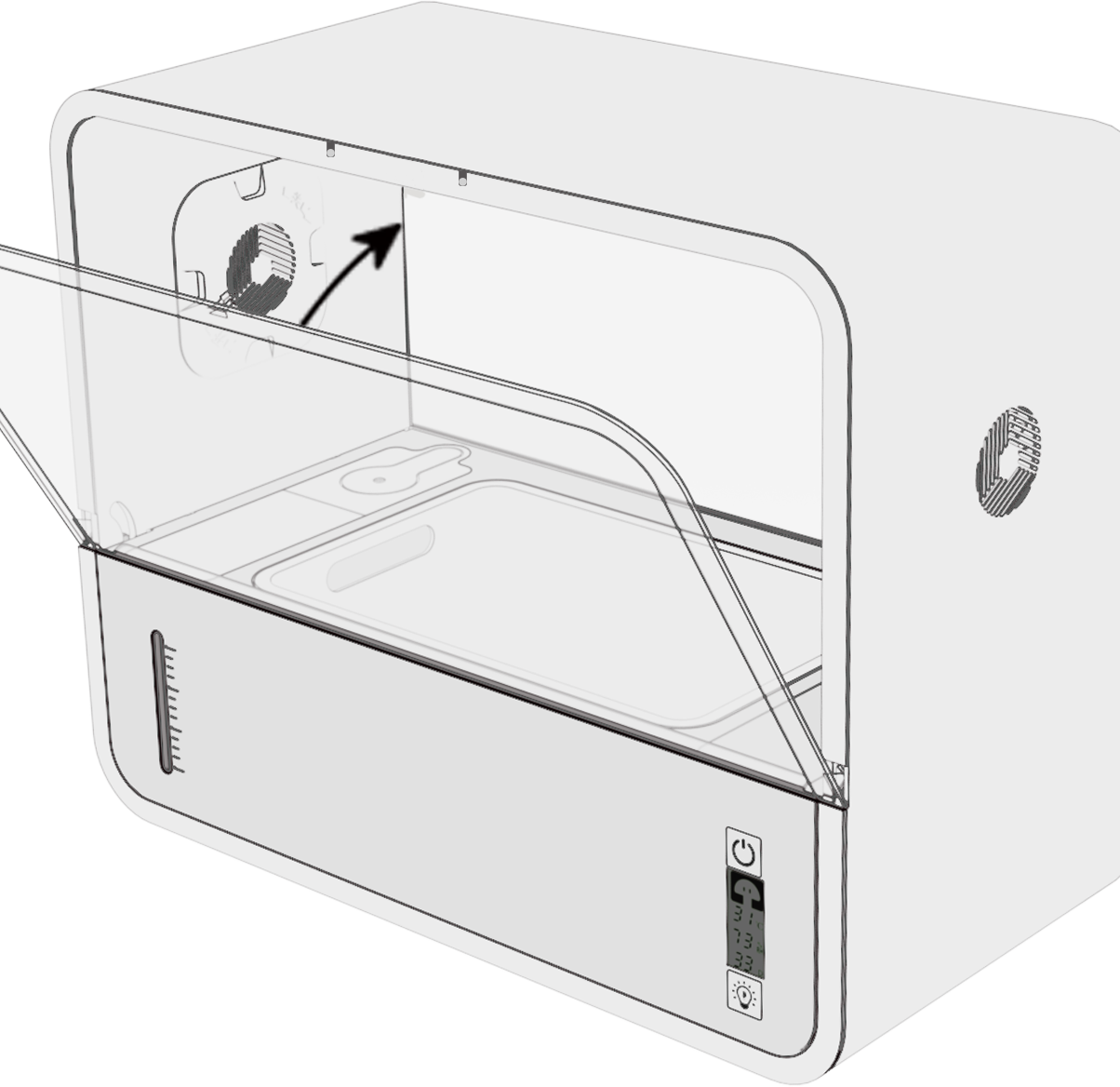 Smart Mushroom Growing Box — technical diagram with the clear lid open