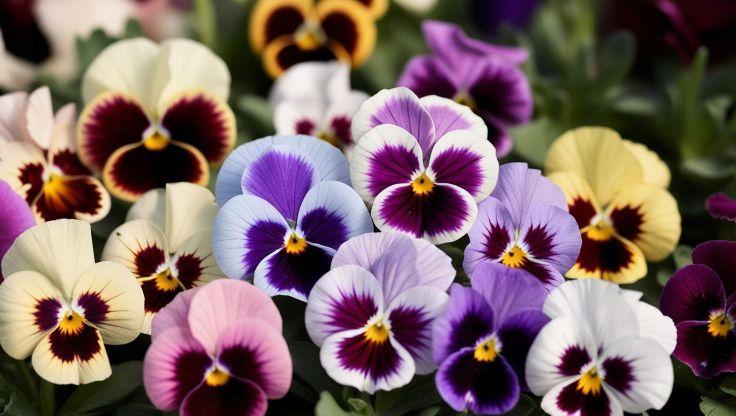 Pansies and violas flourishing in a hydroponic growing system, their vibrant, delicate petals standing out against lush green foliage, highlighting soil-free cultivation.