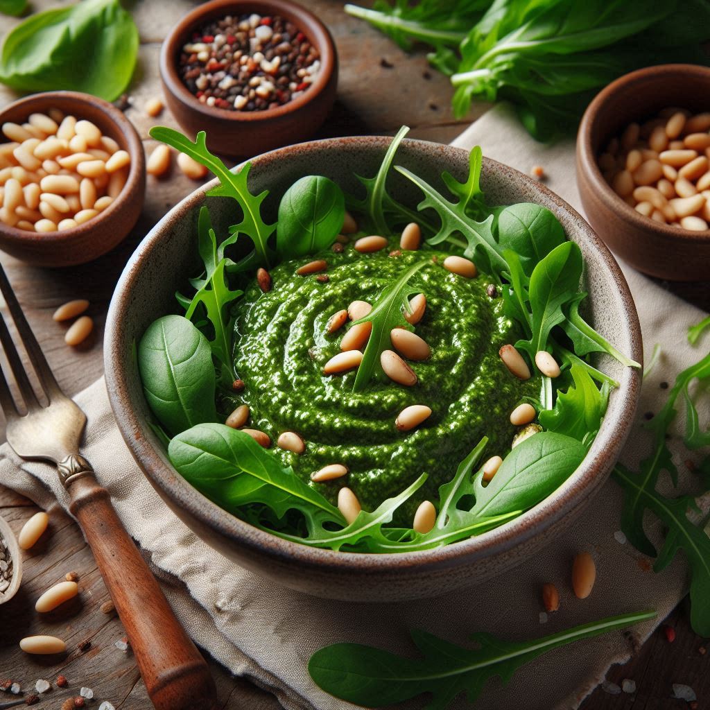 Rocket pesto served in a bowl, topped with fresh rocket and pine nuts.