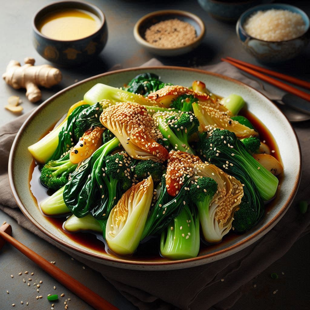 Bok choy stir-fried with fresh ginger and sesame oil, creating a fragrant and nutrient-rich dish.
