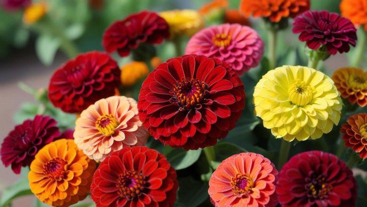 Zinnias blooming in a hydroponic growing system, their bright, multi-colored petals contrasting with lush green foliage, showcasing soil-free cultivation.