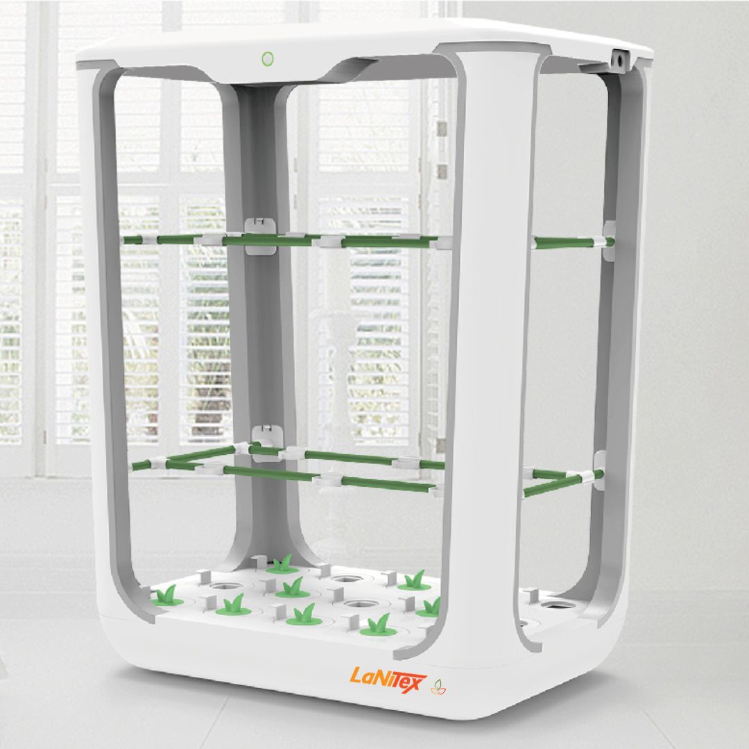 Grow box with trellis: the Tall hydroponic system's plant-holding racks on two levels