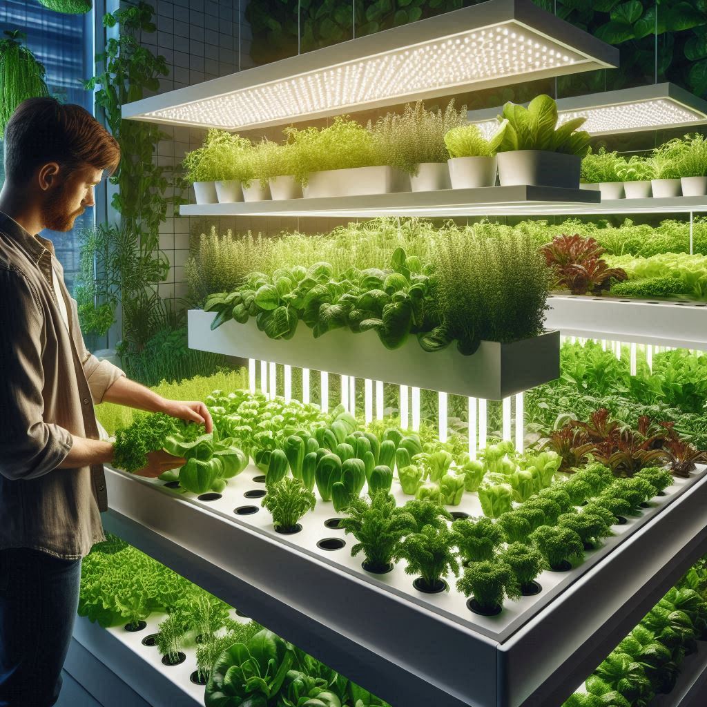 Modern indoor garden with tiered hydroponic plants under LED grow lights, set in a well-lit kitchen for efficient urban farming