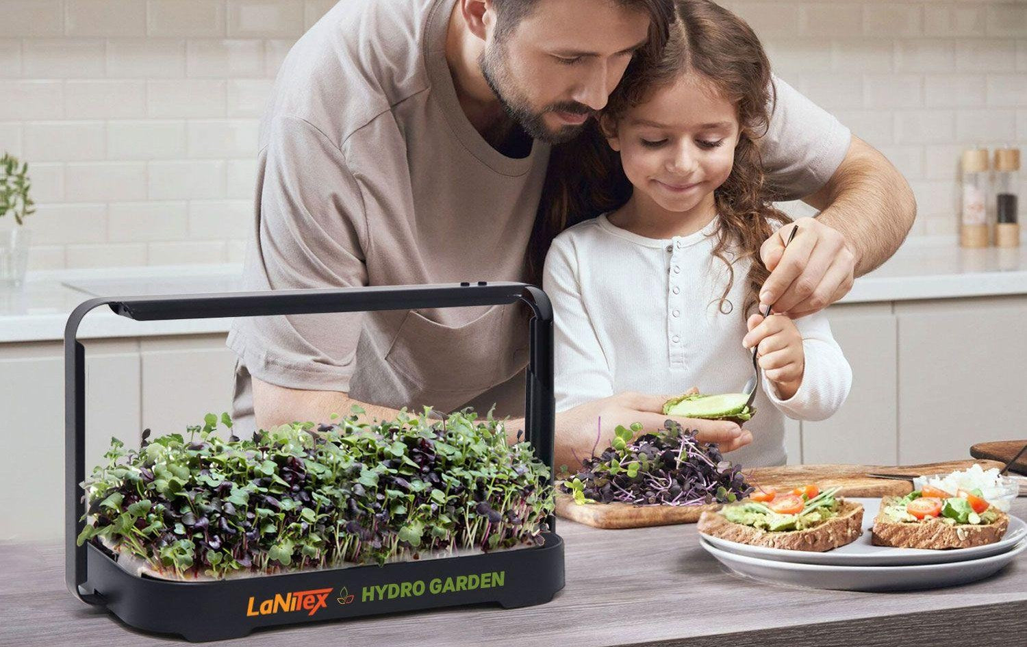 Father and daughter harvesting fresh microgreens from the LaNiTex microgreen growing kit in their kitchen
