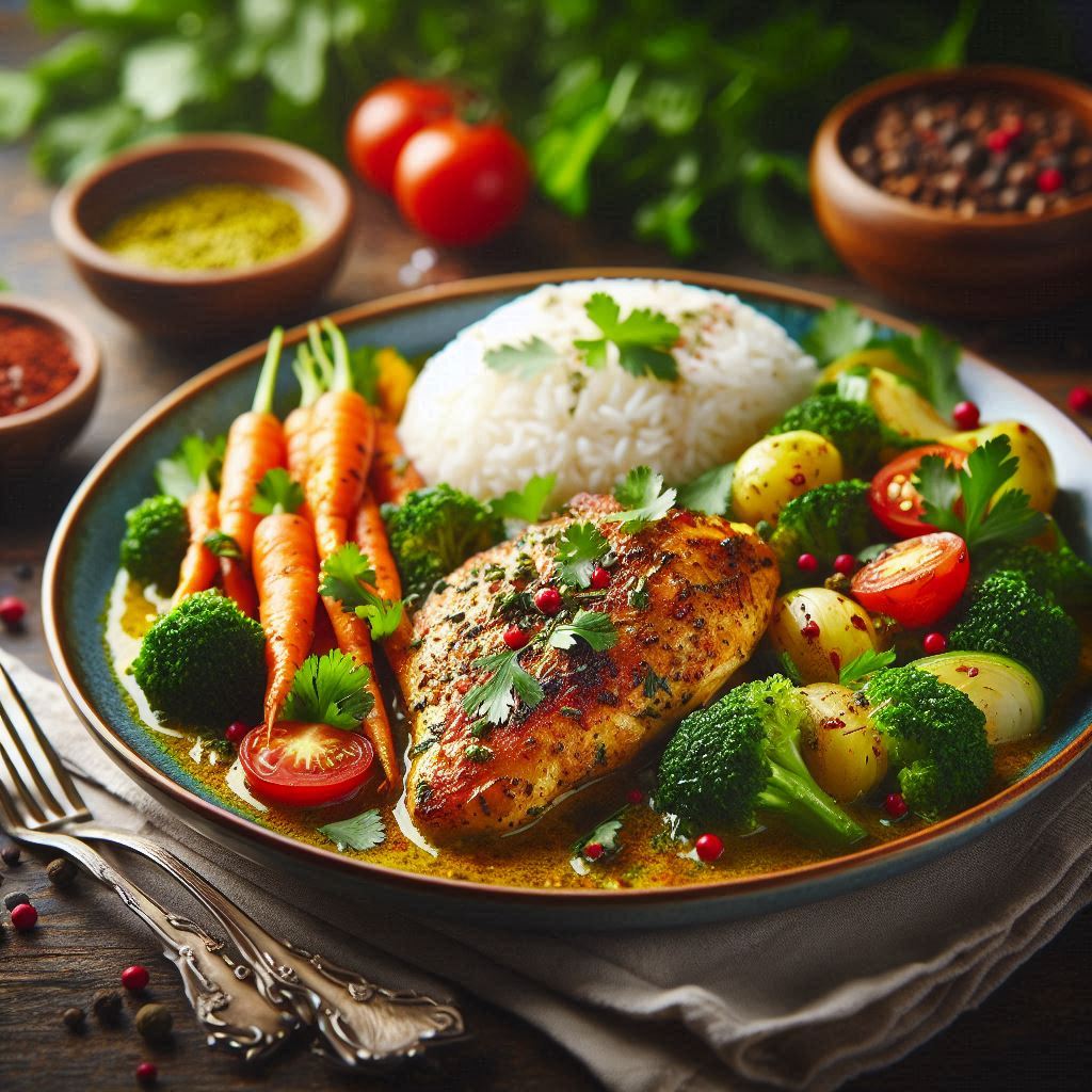  beautifully plated coriander-spiced chicken dish, garnished with fresh herbs and served with a side of aromatic sauce.
