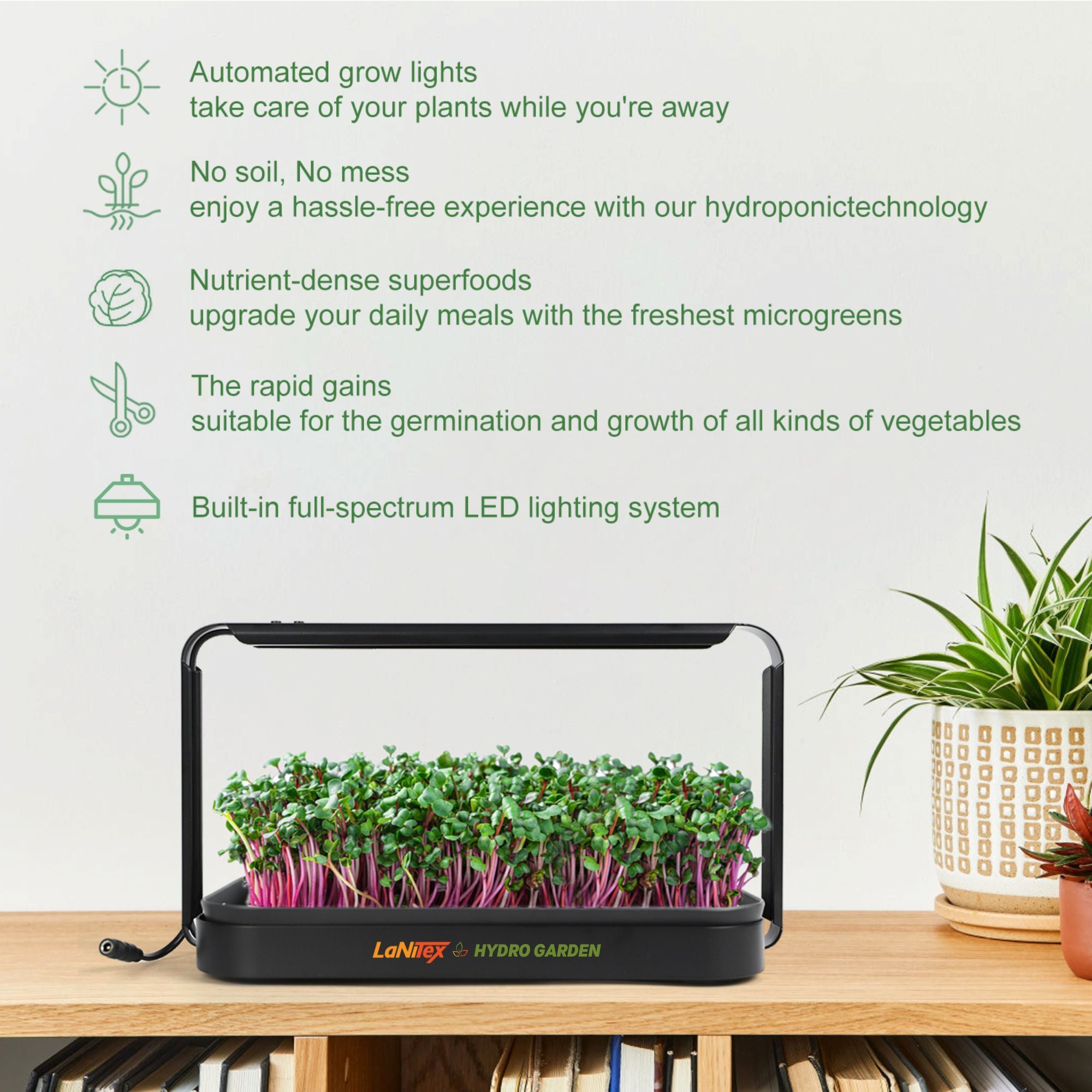 Features of the LaNiTex microgreen growing kit: automated full-spectrum LED and soil-free self-watering hydroponics