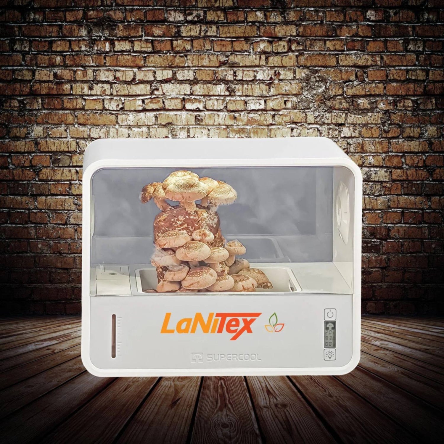 LaNiTex Smart Mushroom Growing Box — countertop mushroom growing machine, brick wall background
